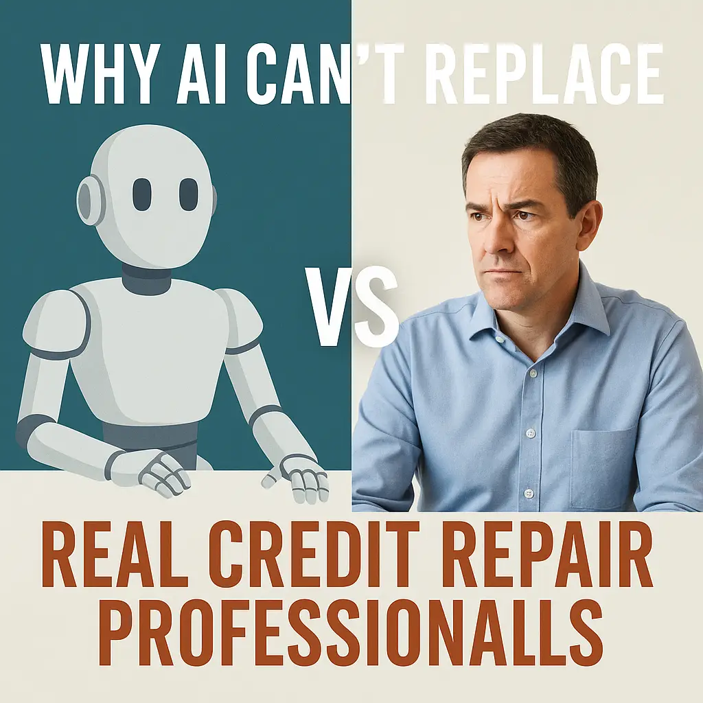 Illustration comparing a robot to a credit repair expert, highlighting why artificial intelligence can’t replace real credit repair professionals
