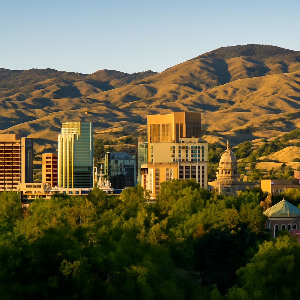 Boise Idaho downtown skyline with foothills in background for local credit repair page