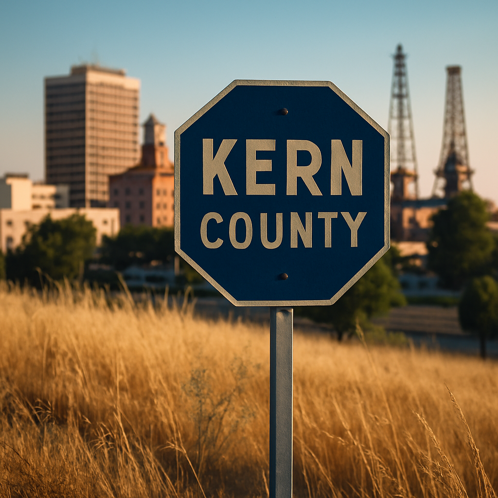 Scenic view of Kern County sign with Bakersfield cityscape in the background, representing credit repair opportunities in Bakersfield, CA.